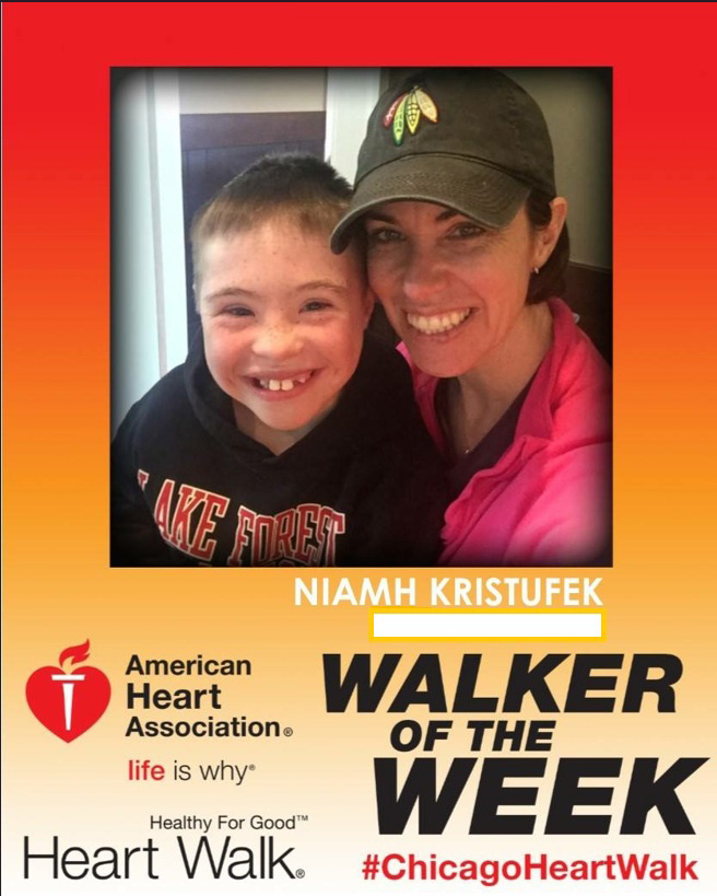 infographic of Niamh Kristufek with a little kid for the American Heart Association Walker of the Week.